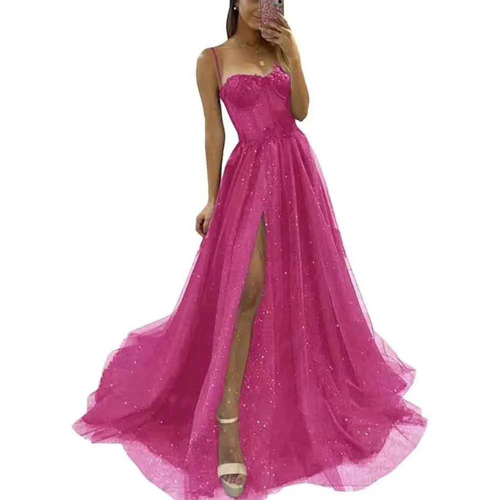 Sparkly Tulle Prom Dresses Lace Spaghetti Straps Party Dresses Evening Teen Girls Graduation High Side Slit Sleeveless A-line