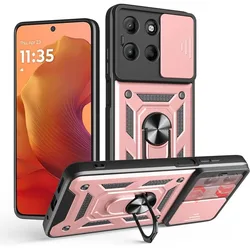 Mingle Armor Slide Lens Protective Case with Magnetic Metal Ring and Anti-Drop Design for Motorola Moto G86 (Rose Gold)