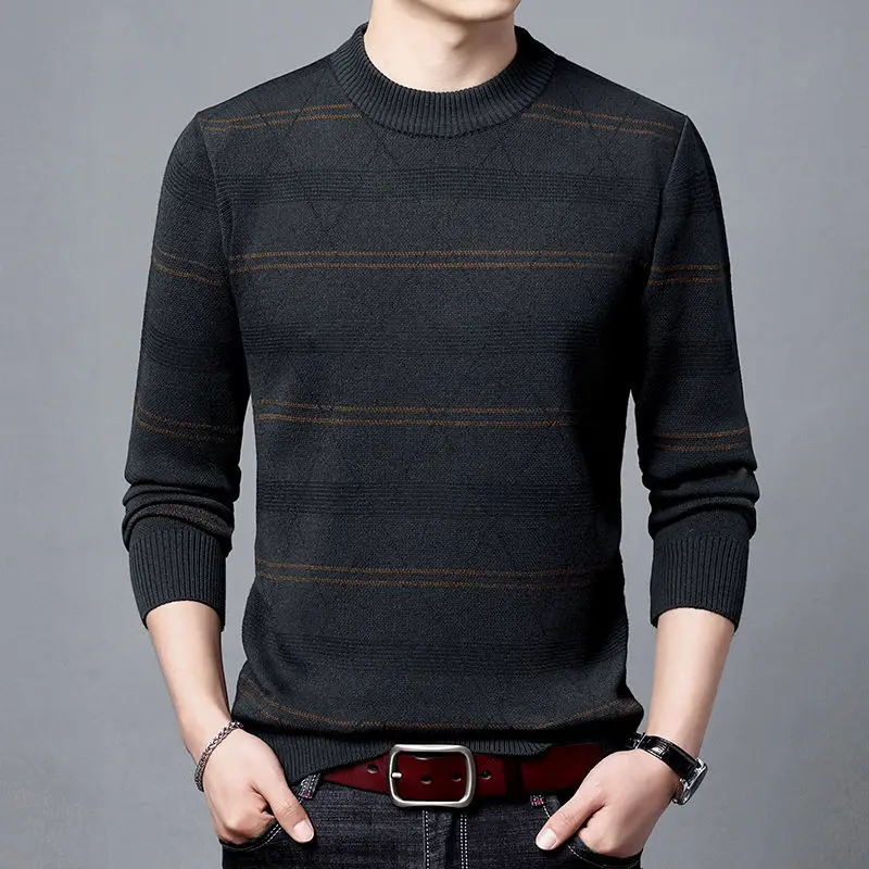 가을 겨울 두꺼운 남성 의류 스트라이프 스웨터, 한국 신상 자카드 긴팔 패션 캐주얼 니트 풀오버 보터밍 탑