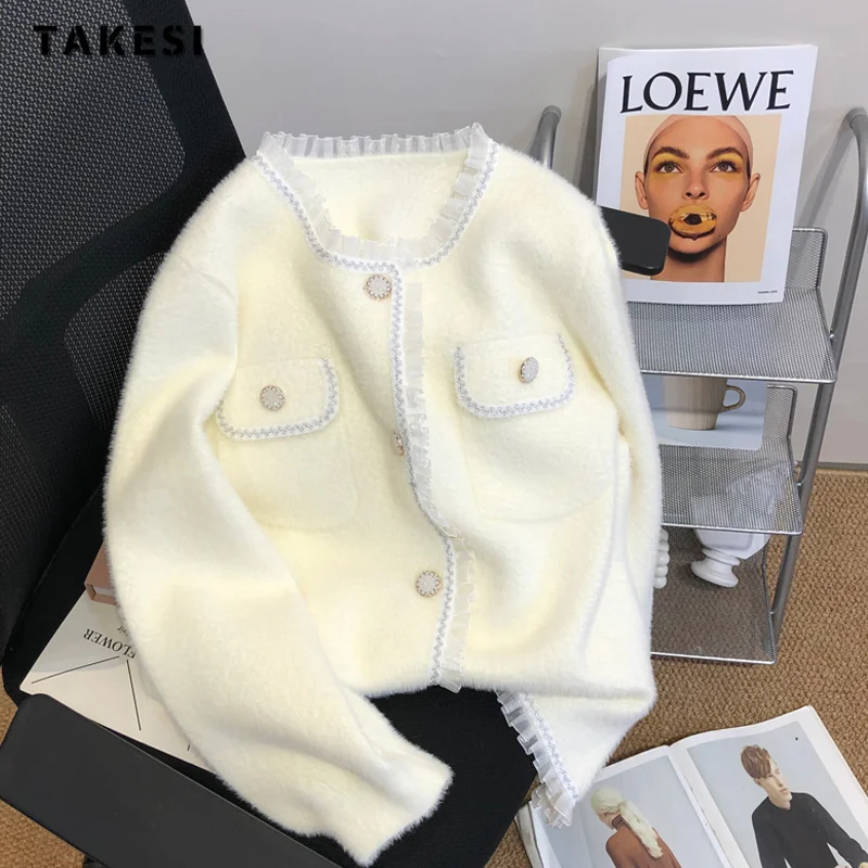 

Женский вязаный кардиган в полоску, повседневный Однобортный Теплый кардиган с длинным рукавом и круглым вырезом в Корейском стиле, зима 2023