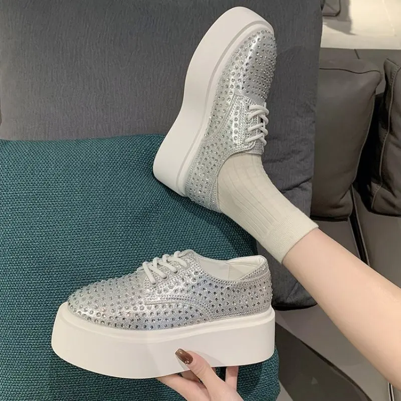 

New 2024 Autumn Women Platform Shoes rhinestones Thick-soled Silver Shoes Shining Crystal Sneakers Trend Casual Sneakers