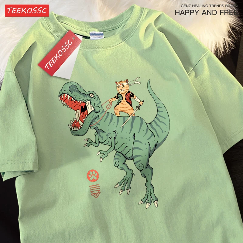 Japanese Harajuku Riding Dinosaur Cat Clothes Men Women Cotton T-Shirt Fashion O-Neck T-Shirt Breathable Oversize Tops Summer