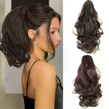 Extension per Coda di Cavallo con Clip, Capelli Sintetici Ricci e Ondulati, 15 Pollici, per Donne e Ragazze