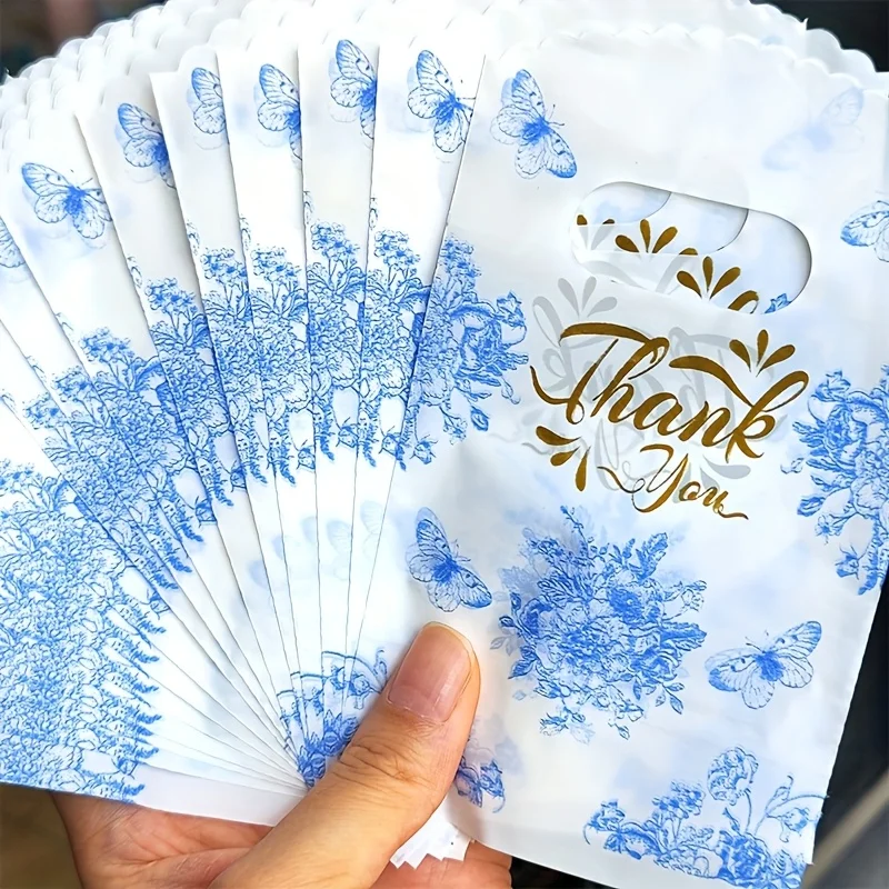 Elegant Blue Butterfly Floral Gift Bags with T-Shaped Handles