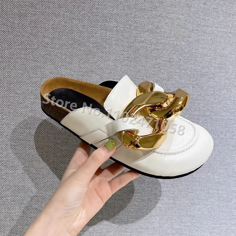 Metal Chain Decor Women Party Dress Slippers Fashion Round Toe Slingback Outside Wear Female Flats Slip-On Shallow Ladies Mules