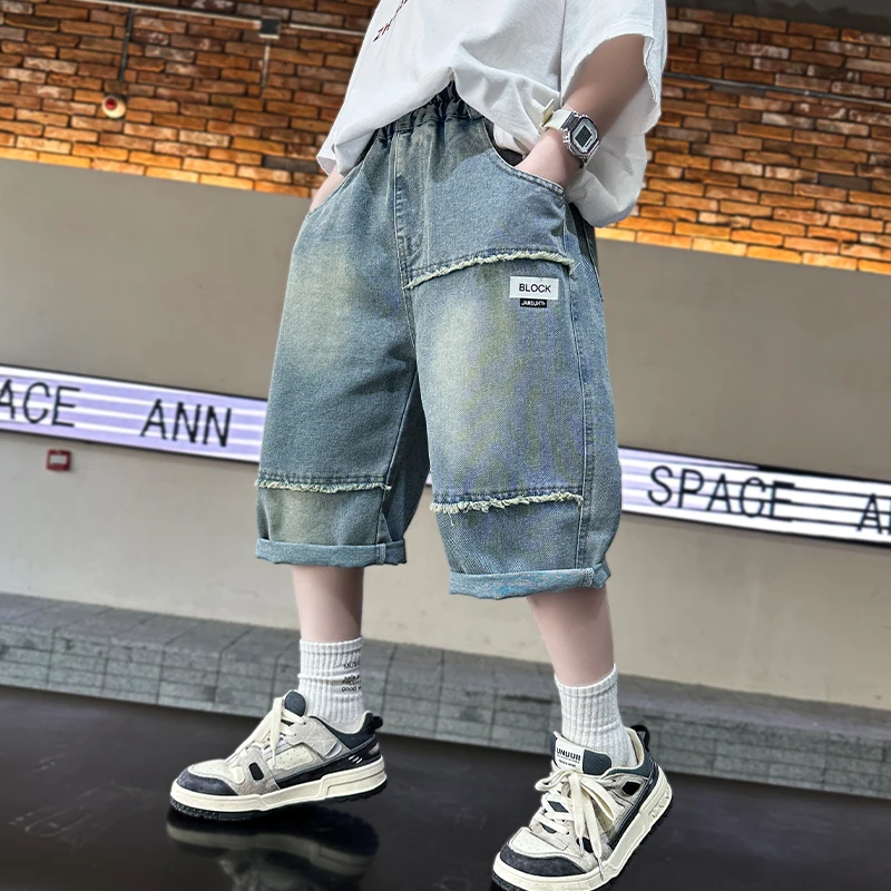 Brief Style Children Summer Shorts For Boys Solid Color Patchwork Denim Shorts Jeans Kids Teenager Casual Capris Pants 5 to 14 Y