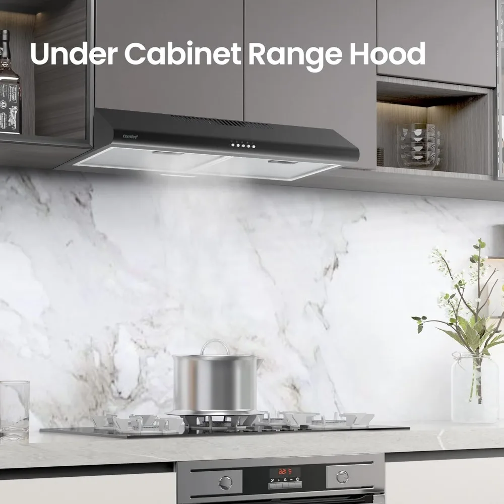 Range Hood 30inch,Under Cabinet Ducted/Ductless Convertible Slim Vent Hood,Stainless Steel,3 Speed Exhaust Fan and 2 LED Lights 6