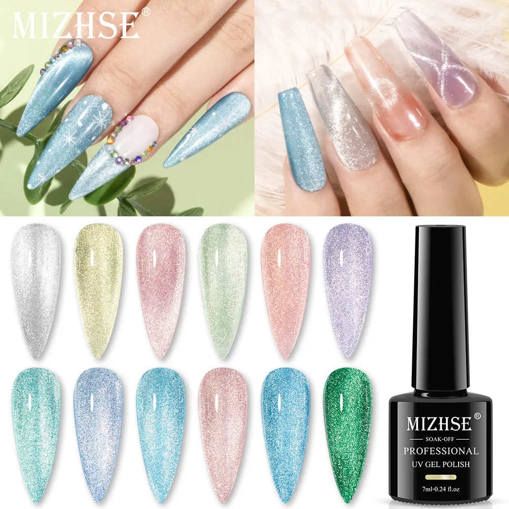 

Лазерный Магнитный Гель-лак MIZHSE с изображением кошки, светоотражающий Алмазный Блеск, лак для ногтей Aurora, маникюр, дизайн ногтей, блестящий гель-пигмент