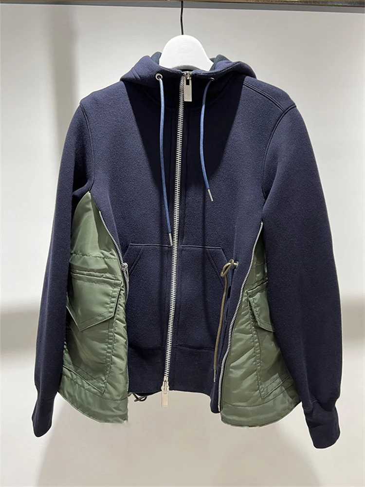 2022 autumn/winter new hooded pull-cord loose coat and jacket splicing  zipper thermal hoodie for men and women