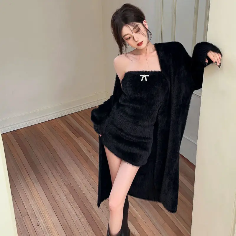 Two-piece Suit Dress Skirt Sets Women Autumn Winter Mink Cardigan Mini Dress Y2k Sexy Slim White Black Suit Streetwear Sweater