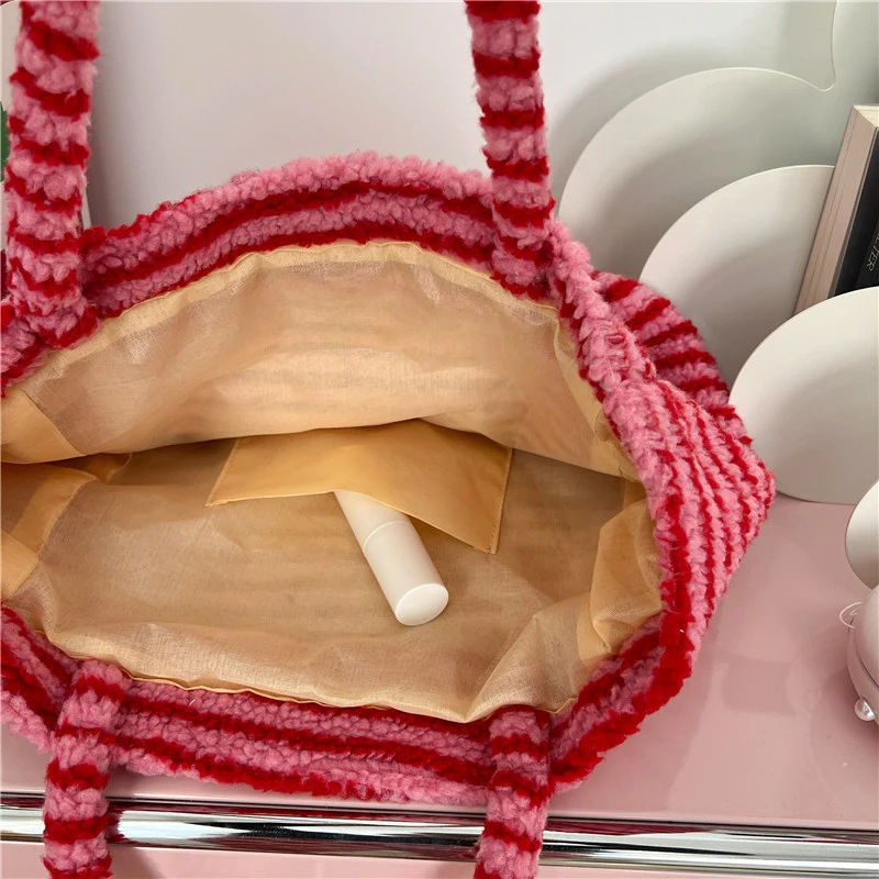 1PCS Casual Commuter Large Capacity Bag Women's Autumn and Winter Fashion Plush Stripe Shopping Bag Shoulder Bag