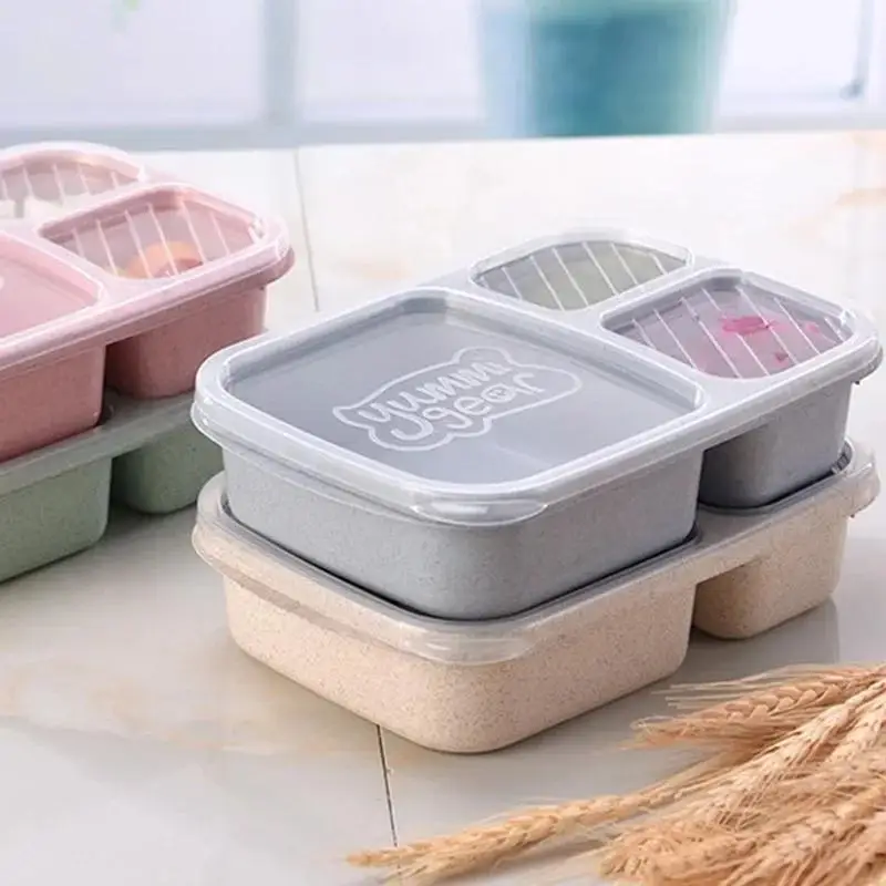Portable Lunch Wheat Straw Lunch Box Single Layer 3 Grid Lid Microwave Food Box Biodegradable Lunch Storage Container Table Tool