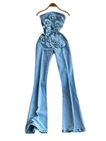 Spicy Girl Street Sle Handmade Denim Tube Top Jumpsuit Flared Long Pants High Waist Commute Sle Regular Thin - Image 5