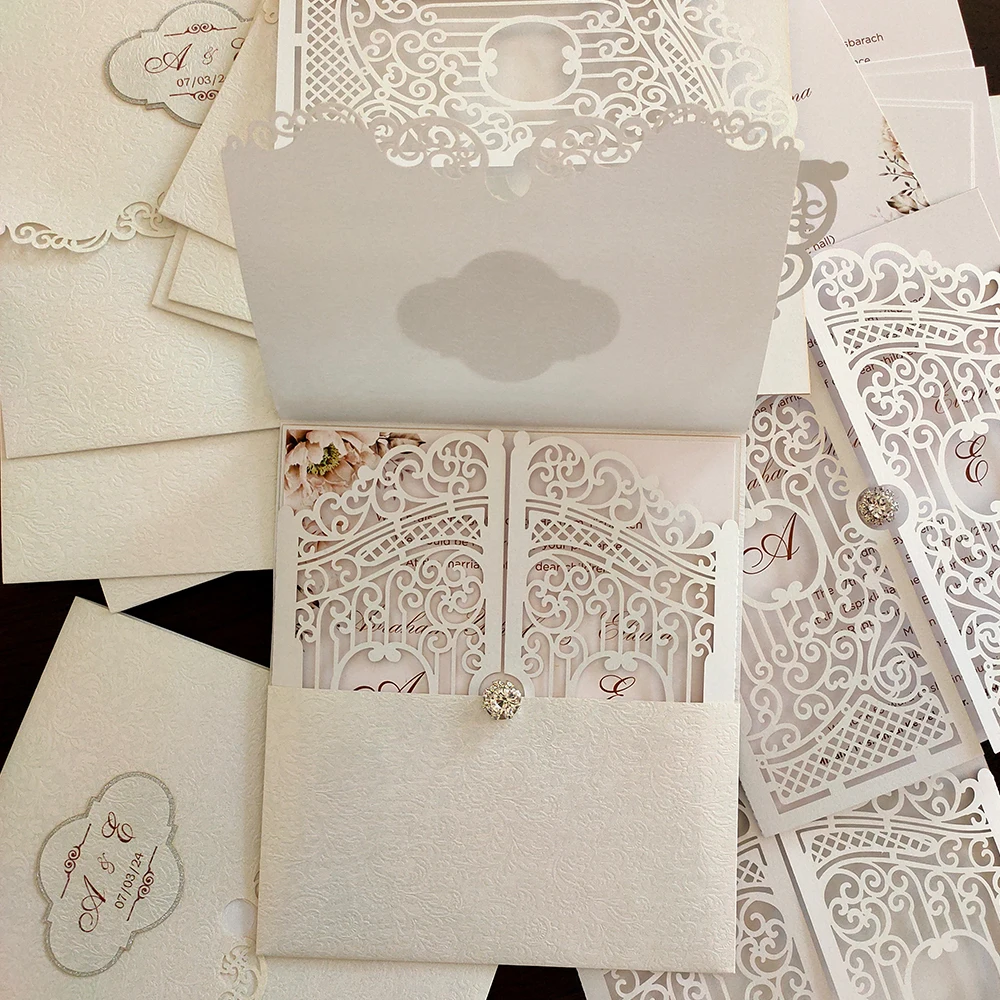 High-end wedding invitation cards with White Textured Envelope with Diamond Buttons