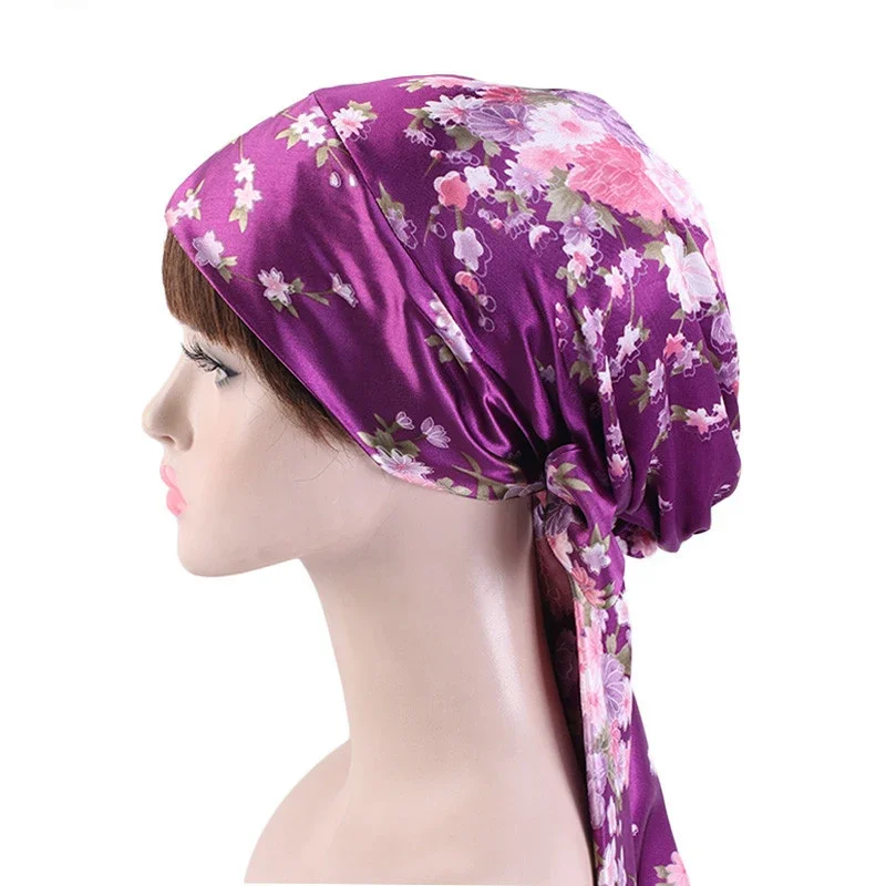 New Women Satin Night Cap Bowknot Sleep Hat Silk Chemo Caps Cancer Hats Long Tail Hair Bonnet Head Scarf Wrap Bandana Headwear 2