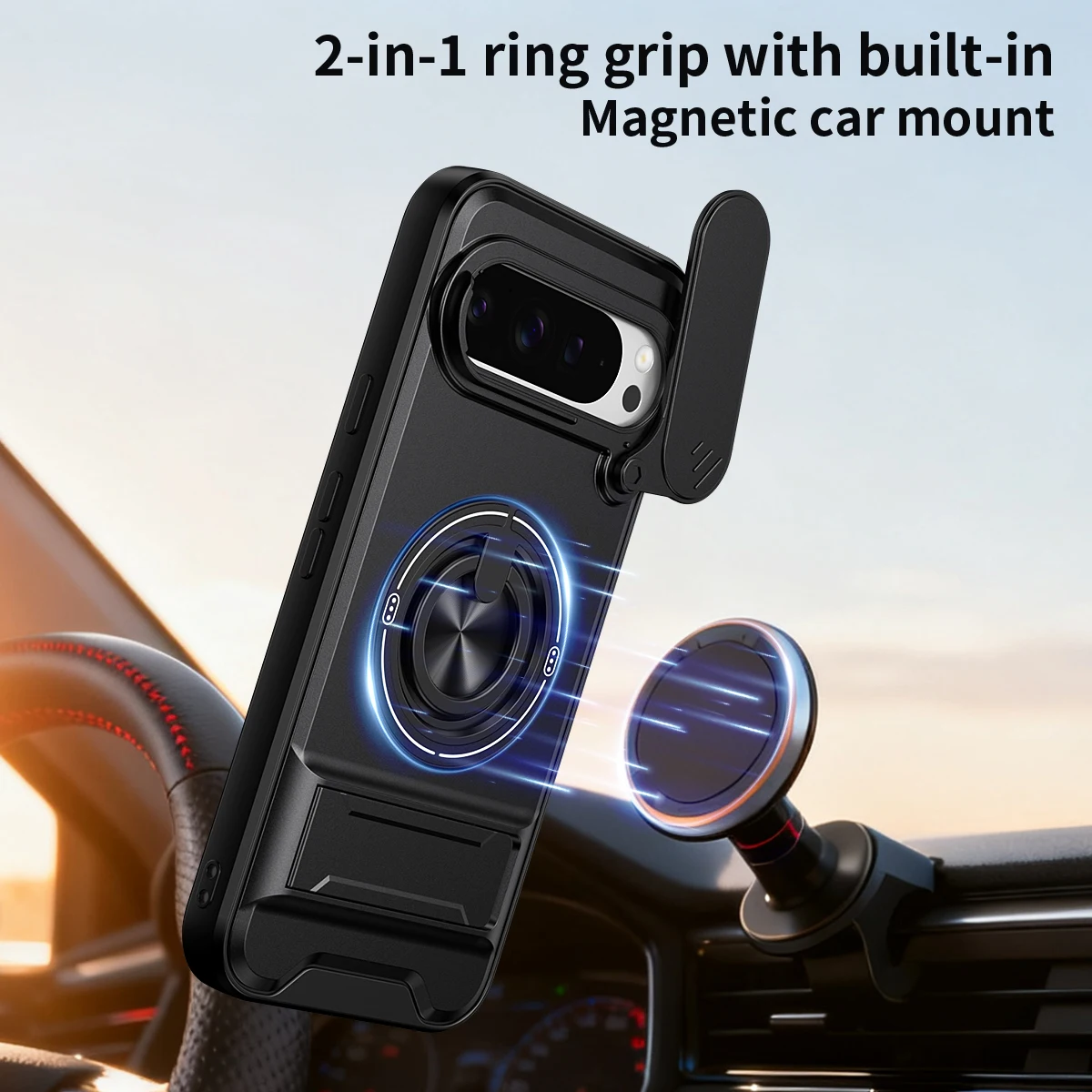 Rotatable Slide Camera Protector Case with Ring Stand - Shockproof Cover