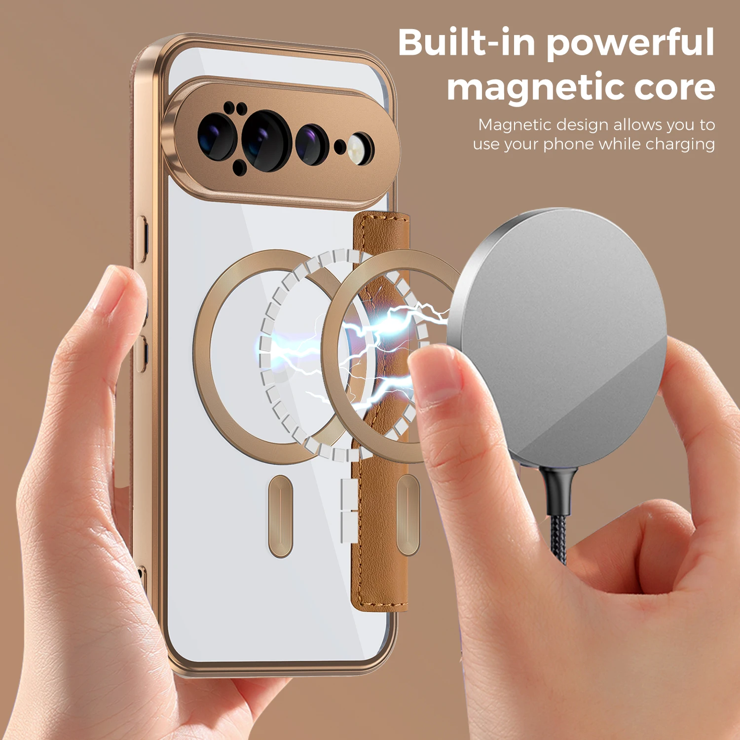 Luxury Leather Wallet Card Clip Clear Phone Case with Magnetic Wireless Charge Flip Cover