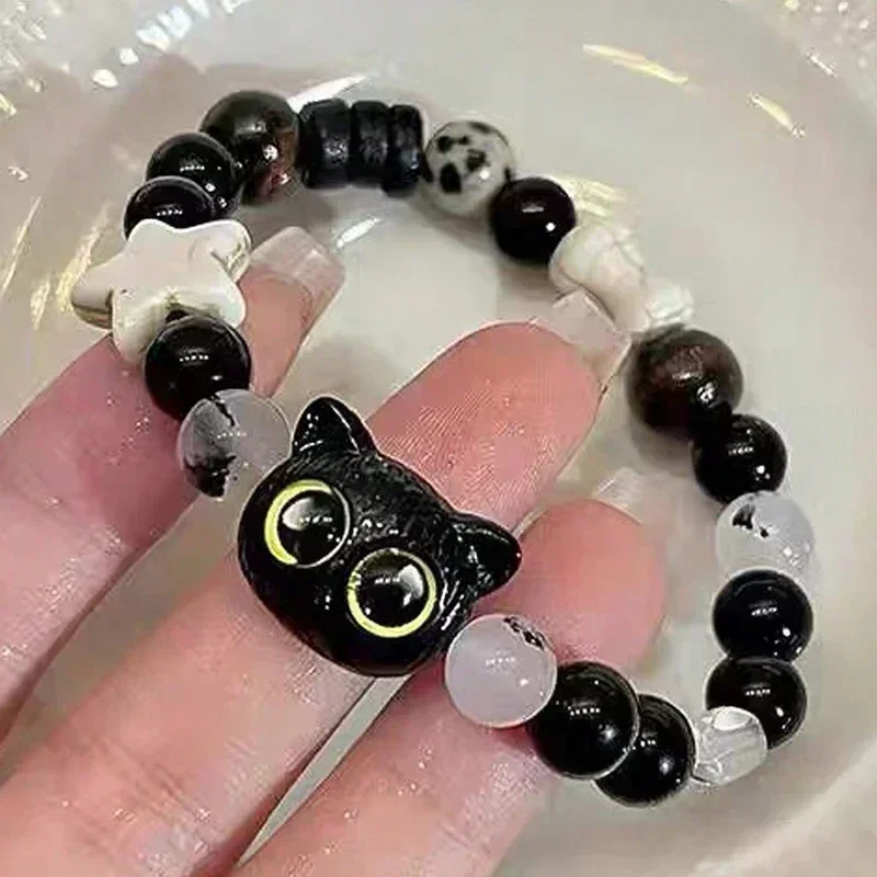 Cute Natural Stone Black Cat Bracelet for Women Men Fashion Cartoon Animal Beaded Bracelets Handmade Fashion Girl Jewelry Gifts bracelet jewelry