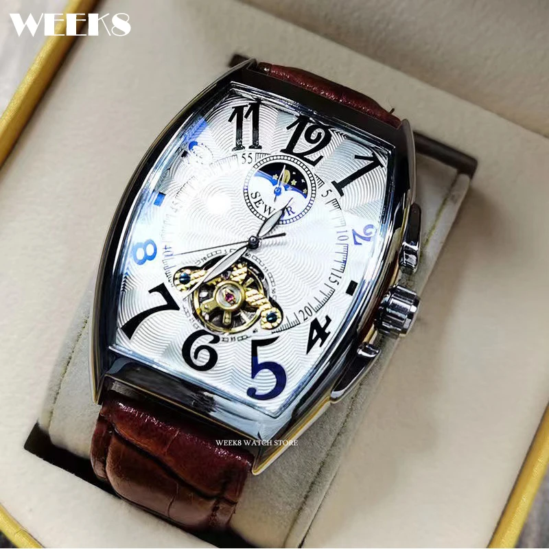 Luxury Automatic Mechanical Watch for Men Wrist Watch Tourbillon Skeleton Wrist Clock Tonneau Case Male Luminous Top Wristwatch 