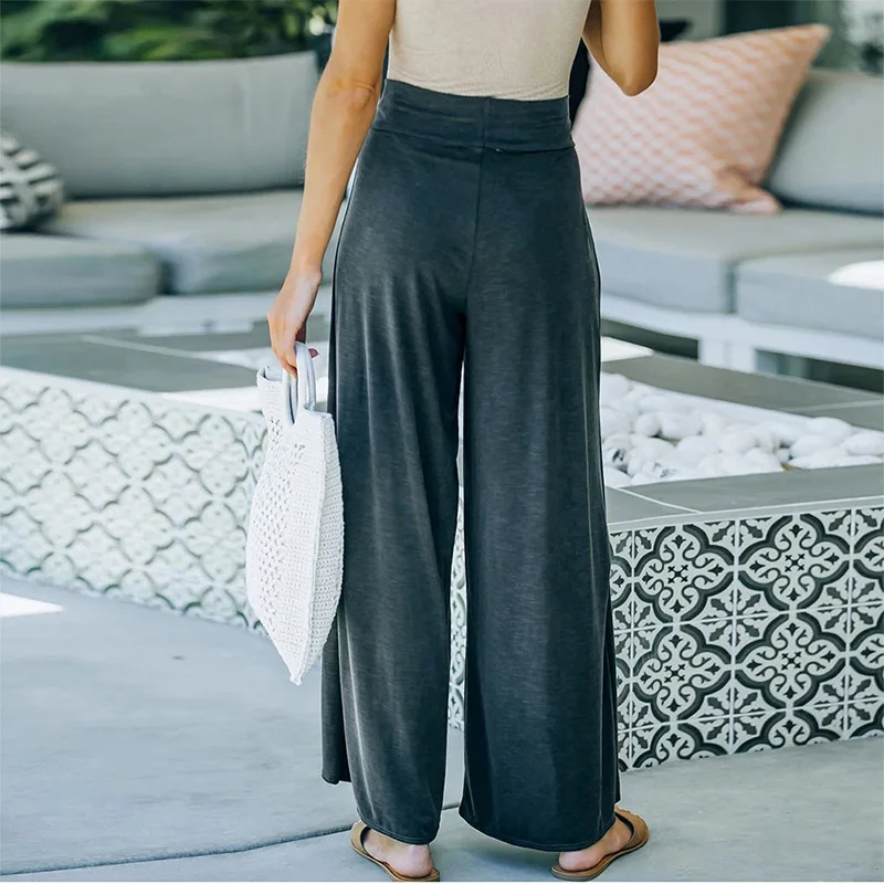 2023 New Spring Autumn Loose Fitting Solid Color Casual Pants Middle Waistband Tie Wide Leg Pants Knitted Trousers for Women