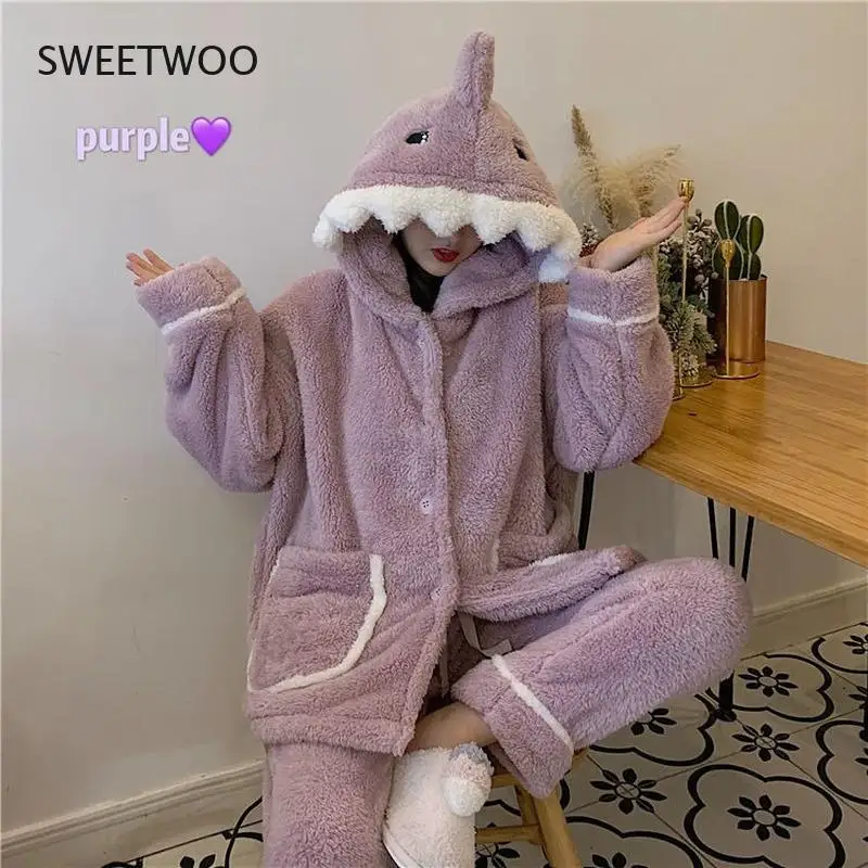 Shark Women Pajamas Flannel Hooded Sleepwear Kawaii Pijama Female Set with Pants Cute Pyjamas Halloween Party Loungewear