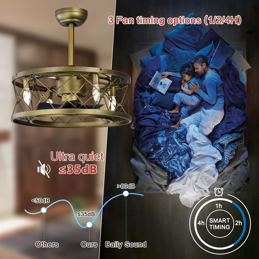 Small Low Profile Enclosed Modern Revrersible Bladeless Ceiling Fan with Lights 20'' Caged Ceiling Fan with Light for Bedroom