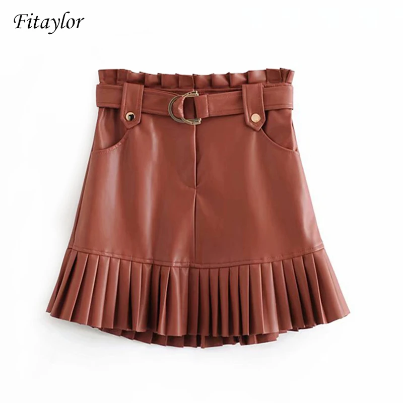Ladies Womens PU Faux Leather Pleated Frill Bottom Pockets Belted Mini Skirt New