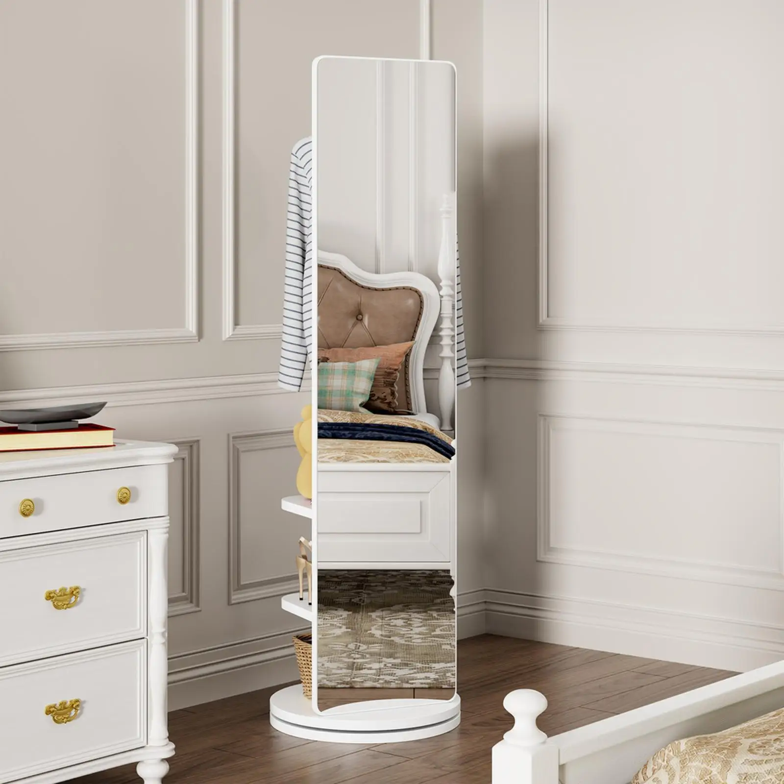 Multifunctional Rotating Full Body Mirror Storage Rack Solid Wood Standing Coat Rack Mirror for Bedroom Living Room Home Gym