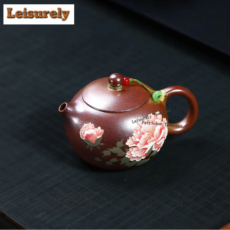 250ml Yixing Purple Clay Teapots Handmade Peony Pot Raw Ore Gold Section Mud Kettle With Filter Zisha Tea Set Tea Ceremony Craft