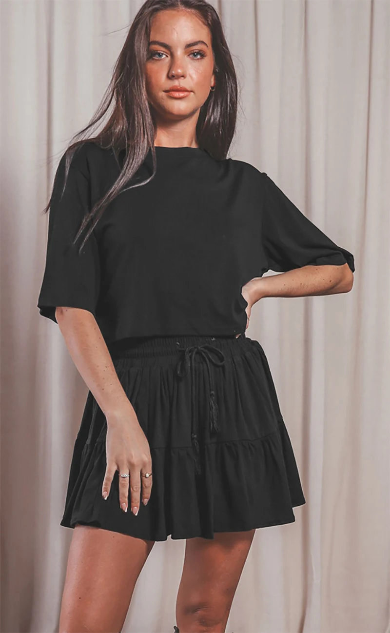 

Summer Women Matching Sets Top+Skirts Shirring Solid Color Round Neck Casual Loose Dress Sets Drawstring Trackingsuits C3573