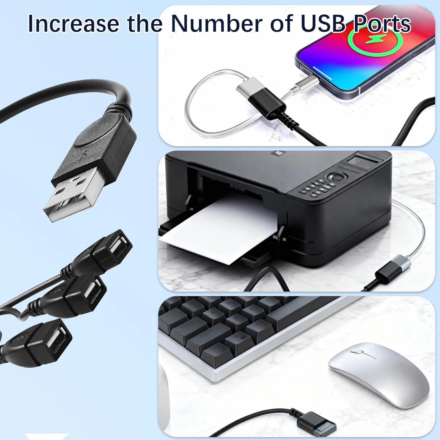 30cm USB 3 in 1 분배기 충전 케이블 USB-A 남성-3개 여성 USB 2.0 허브 (충전, 데이터 전송, 노트북/PC/키보드/마우스용)