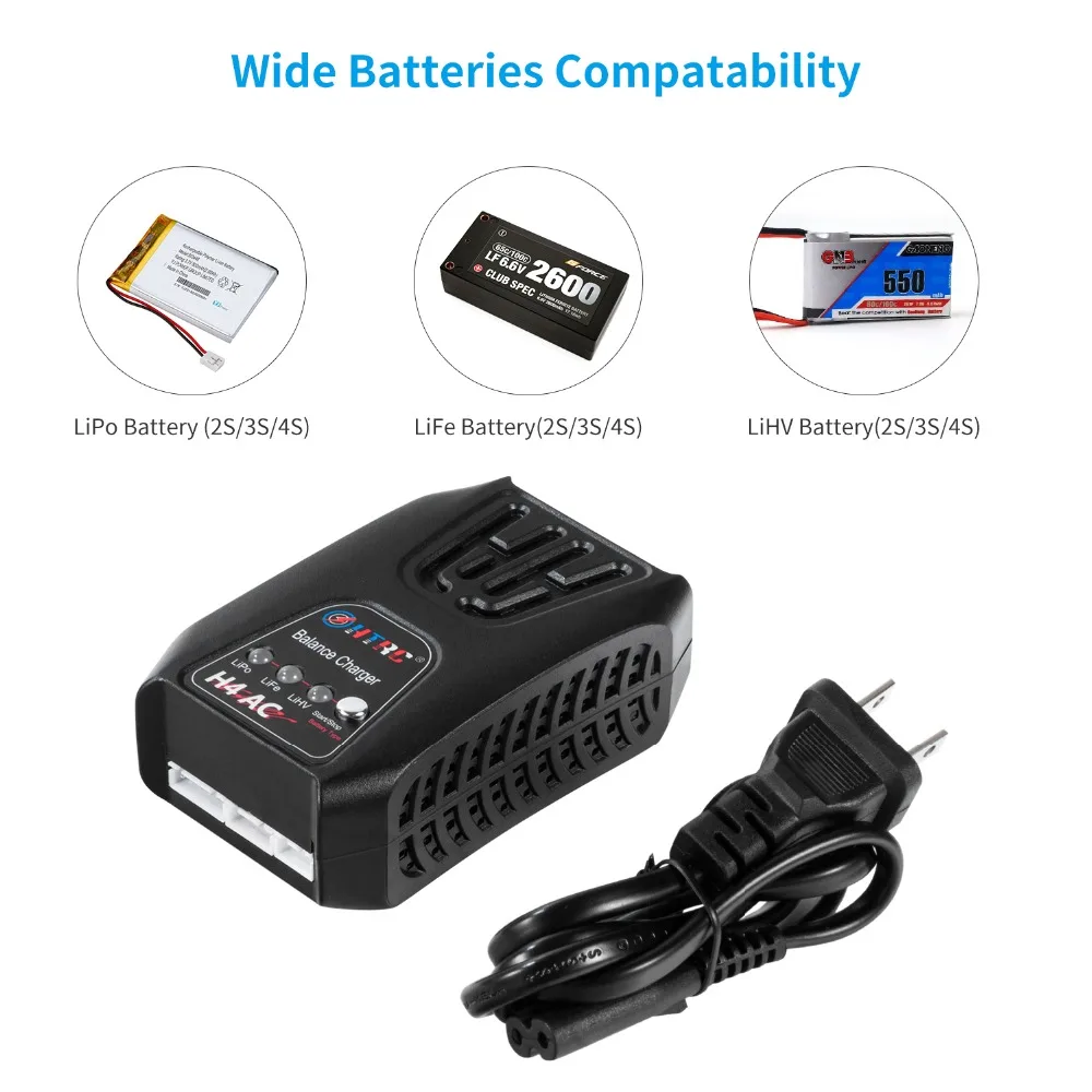 Mini chargeur d'équilibre HTRC H4AC 20W branché sur une batterie Lipo, prêt à charger