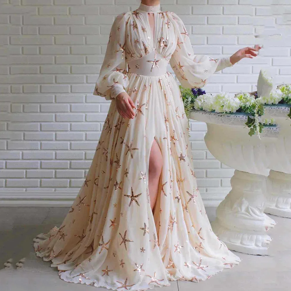 

2024 new multi-color half turtleneck sequin slit lantern sleeves full skirt chiffon dress