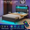 Bed Frame with Storage Headboard and 2 Drawers, Upholstered Platform Bed with Charging Station and LED Light, Noise Free 5