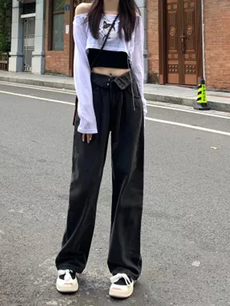 2022 Autumn new Fashion High Waist Pants Black Denim Pants Retro Wide-leg Women's Jeans Korean Version Ladies Casual Trousers