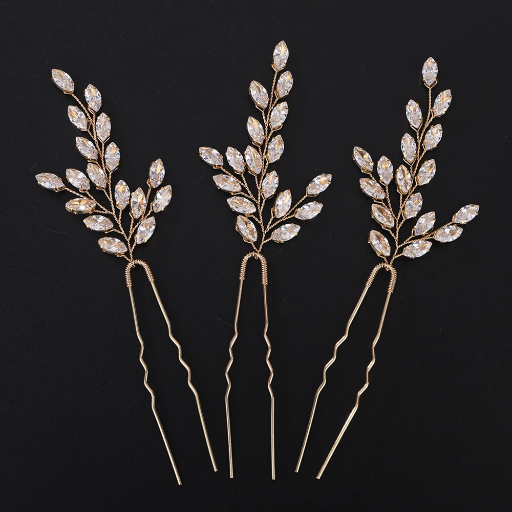 3PCS Wedding Zircon Hair Pins Silver Women Hair Piece Rhinestone Gold Clip Bridal Bride Accessories Trendy Ornaments