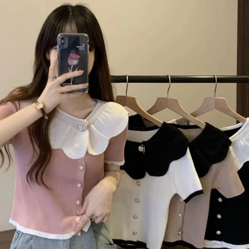 

Button T-shirts Women Patchwork Knitted Summer Princess Design College Casual Style Tender Aesthetic Clothes Basic Pullover Q887