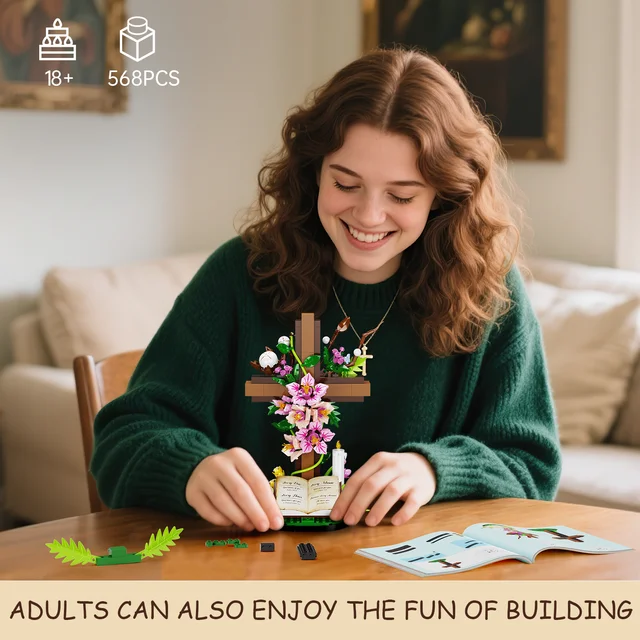 Jesus Cross Flower Building Set,Religious Cross Collectibles Blocks Toys Christmas, Christian, Birthday Gifts for Mothers, Women