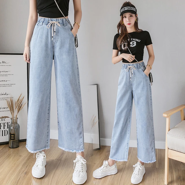 Drawstring Elastic High Waist Straight Wide Leg Jeans Women Spring Summer Palazzo  Pants Korean Style Ladies Denim Pants Capris - AliExpress