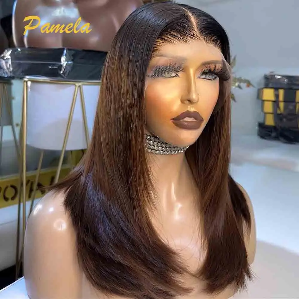 250% Density Bone Straight Ombre 1b/4 Colored Wig With Bangs 13x6 HD Transparent Front Lace Human Hair Glueless Wig Ready To Go