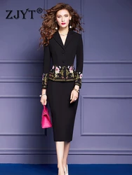 ZJYT Luxury Floral Embroidery Blazer Skirt Suit 2 Piece for Women Dress Sets 2023 Office Party Outfit Black Autumn Plus Size 4XL