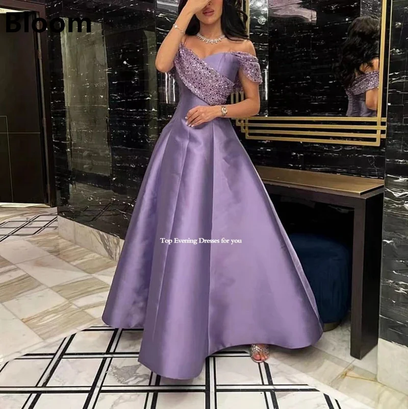 

A-line Sweetheart Prom Dresses Strapless Purple Satin Vestidos Para Mujer Beadings Sequins Women Formal Evening Gowns