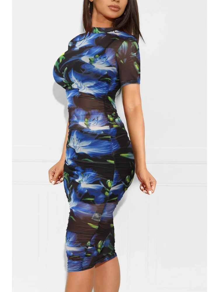 Wmstar 2025 New Women Fashionable Elegant Dress Printed Net Sexy Dress Short Sleeve Flower Pattern Knee Length Dress
