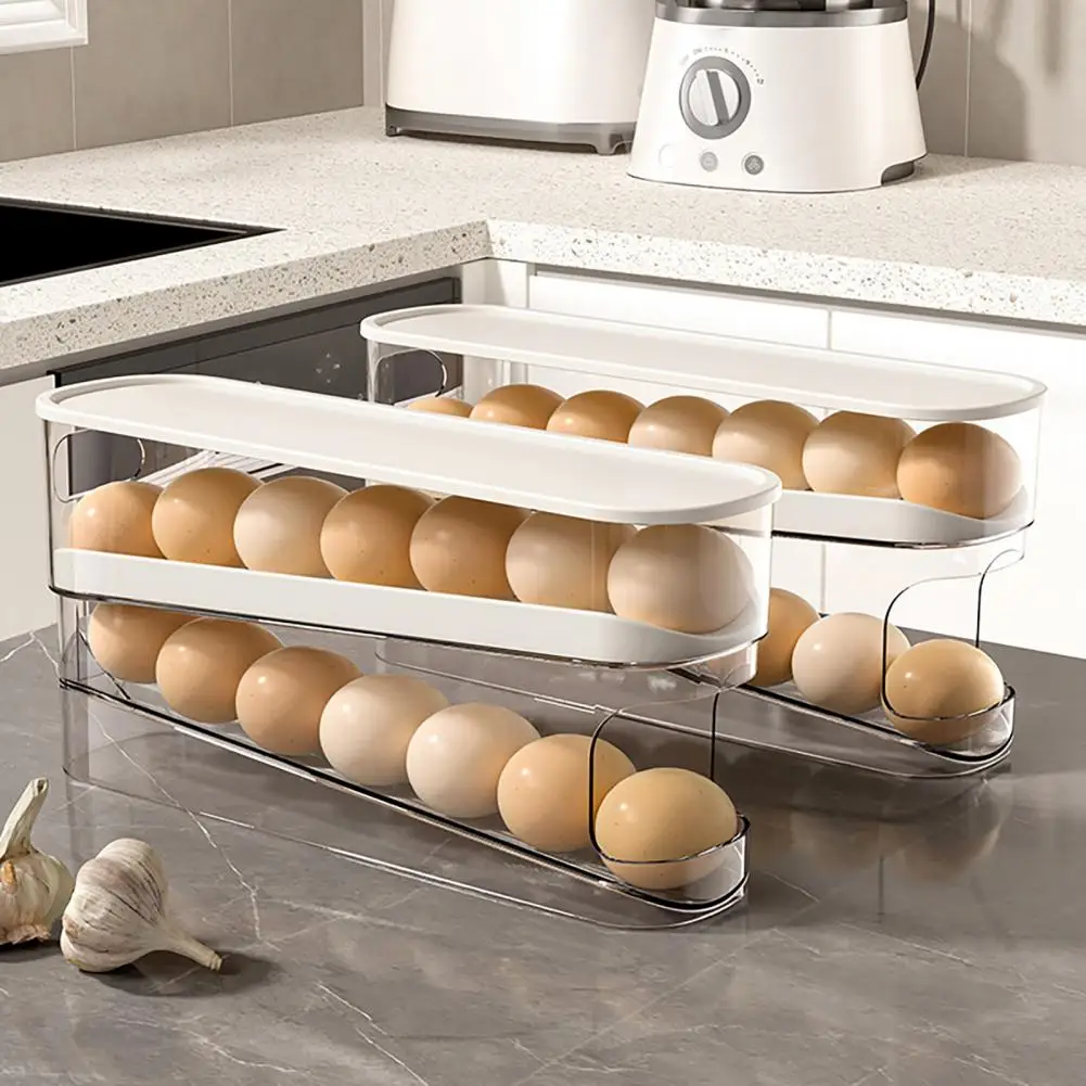 

Double-layer Egg Tray Double-layer Egg Holder Box for Refrigerator with Automatic Rolling Dispenser Space-saving for 12