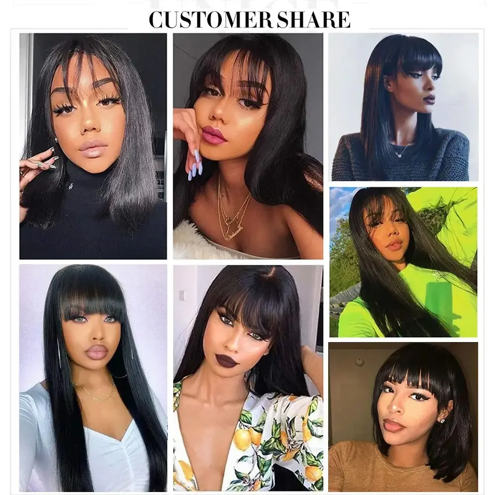 30 Inch Straight Full Machine Made Wig with Bang 180% Natural Human Hair Wig For Women Pre-Plucked Remy Hair human hair wigs