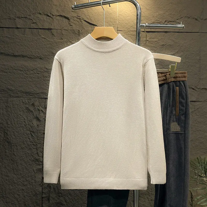 Autumn Winter Men's Clothing Solid Color Pullover Sweater Knitted Half High Collar Screw Thread Flocking Boyfriend Retro Tops 5