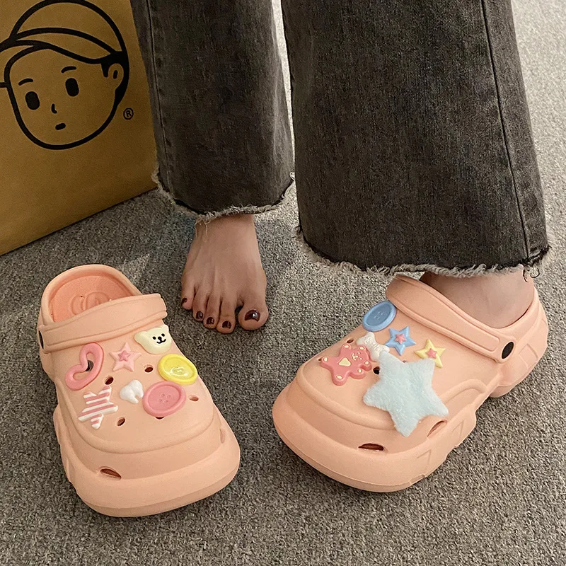 2024 New Sandals DIY Cute Cartoon Clogs Women Mules 3cm Platform Beach Slippers Cave Hole Female Garden Shoes For Students Girls