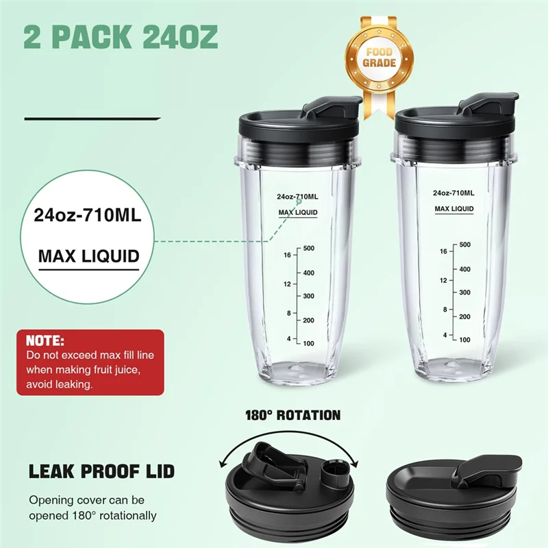 【PLAISIR】닌자용 BN401 BN751 BN801 BN800 24온스 블렌더 컵 교체용 2팩(씰 뚜껑 포함), 24개 쓰기 가능 라벨