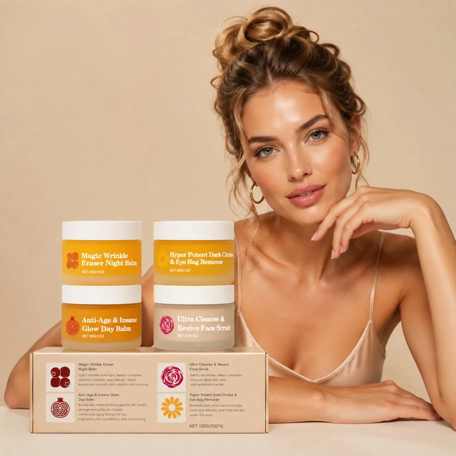 Revitalizing 4-in-1 Facial Care Set: Day & Night Balms, Eye Cream, Face Scrub - Perfect for Dull, Rough Skin and Travel