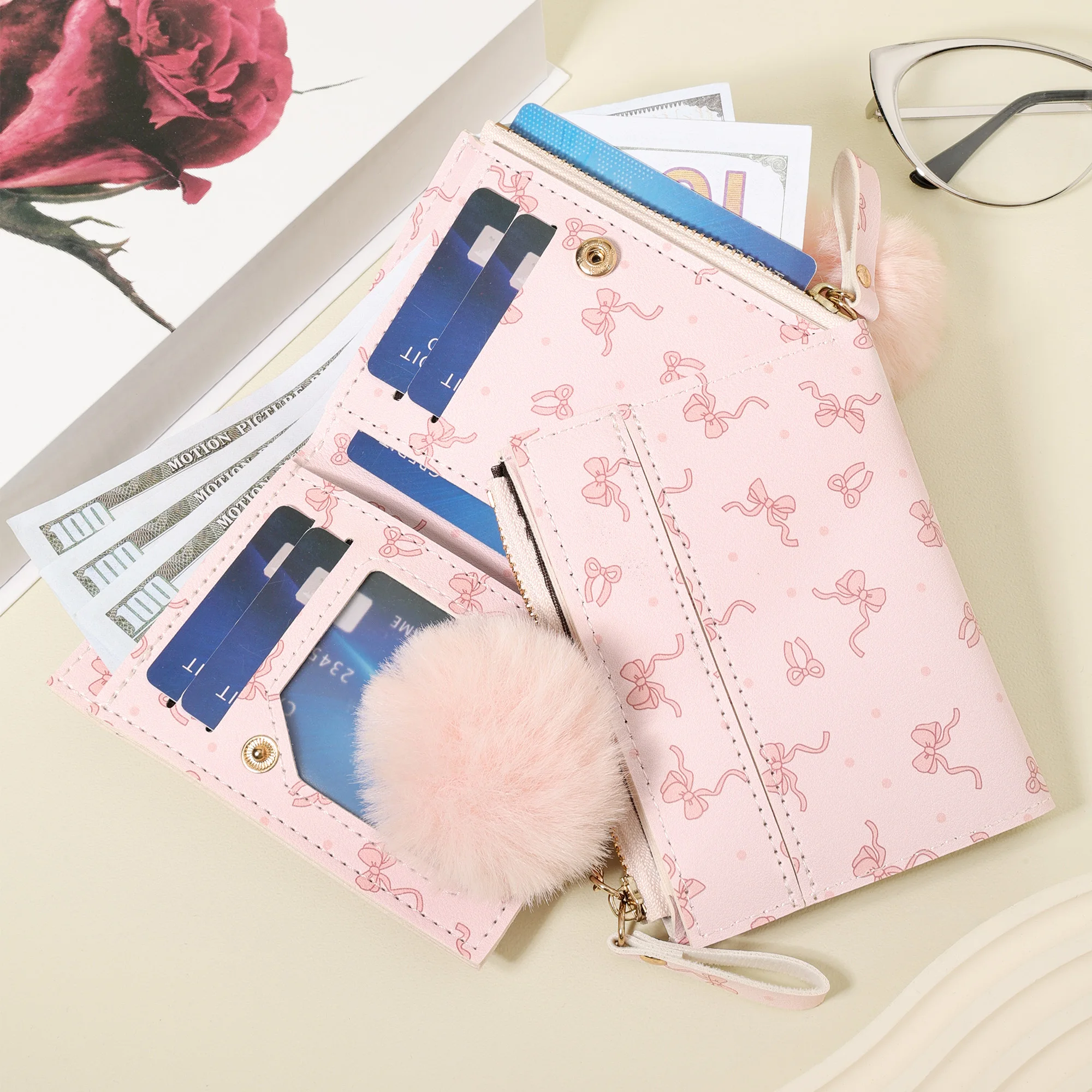 Women's Minimalist Short Wallet with Pom-Pom Charm and Bow Print